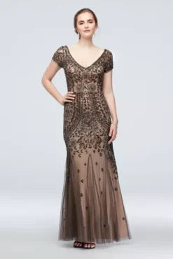 Bead And Sequin Embellished Mesh Overlay Gown