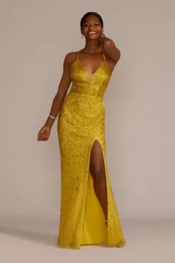 Floor Length Sequin Sheath Gown With Skirt Slit