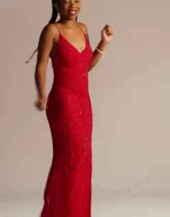 Patterned Beaded And Sequined Sheath With Slit -Blissful Brides Shop WGIN29T Red 2