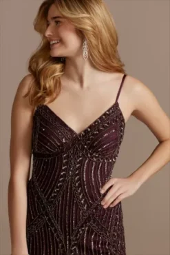 Spaghetti Strap Beaded Mesh V-Neck Sheath Dress -Blissful Brides Shop WGIN307320D PLUM PARTY PROD1 069