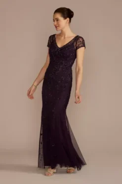 Short Sleeve Beaded Sheath Dress With Godets