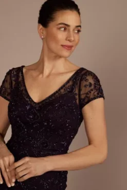 Short Sleeve Beaded Sheath Dress With Godets -Blissful Brides Shop WGIN3543D PURPLE MOB PROD3 112