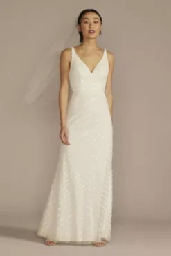 Open Back V-Neck Beaded Sheath Wedding Dress