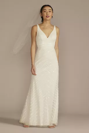 Open Back V-Neck Beaded Sheath Wedding Dress 3 Open Back V-Neck Beaded Sheath Wedding Dress