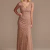 Cap Sleeve Beaded Sheath Dress With Tulle Godets -Blissful Brides Shop WGIN5063 MAUVE MOB PROD7 002