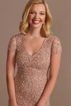 Cap Sleeve Beaded Sheath Dress With Tulle Godets -Blissful Brides Shop WGIN5063 MAUVE MOB PROD7 036