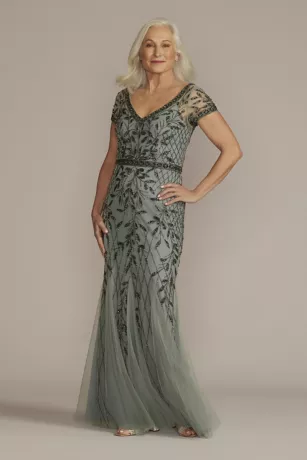 V-Neck Beaded Sheath With Illusion Sleeves 3 V-Neck Beaded Sheath With Illusion Sleeves