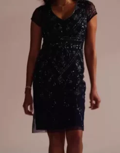 Allover Beaded Cap Sleeve Sheath Dress -Blissful Brides Shop WGIN5281 NAVY