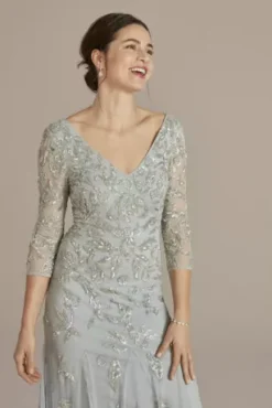 Three Quarter Sleeve Beaded V-Neck Sheath -Blissful Brides Shop WGINP2067 LTBLUE MOB PROD1 114