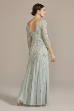 Three Quarter Sleeve Beaded V-Neck Sheath -Blissful Brides Shop WGINP2067 LTBLUE MOB PROD1 158